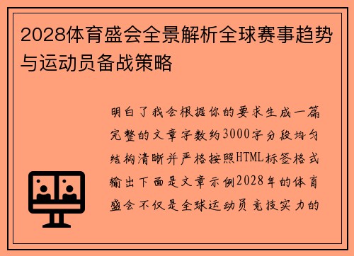 2028体育盛会全景解析全球赛事趋势与运动员备战策略